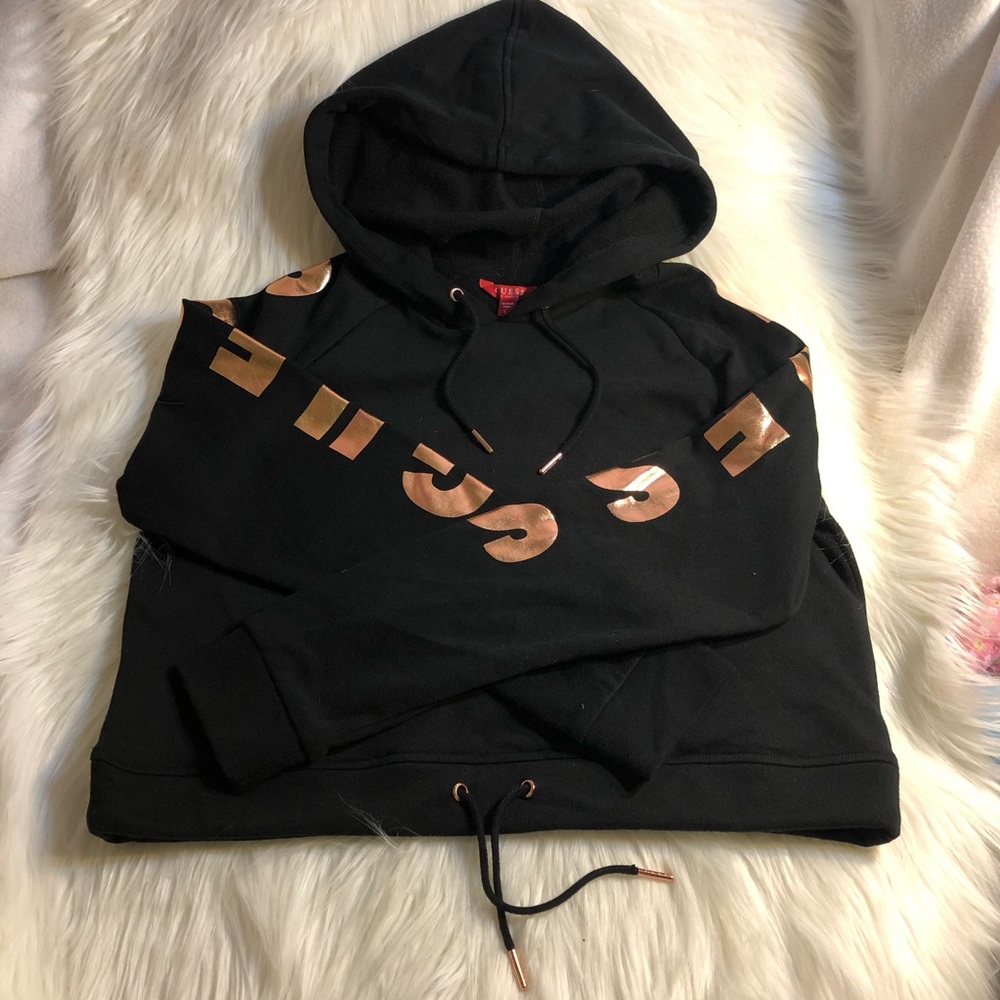 Guess black cropped hoodie large gold spellout